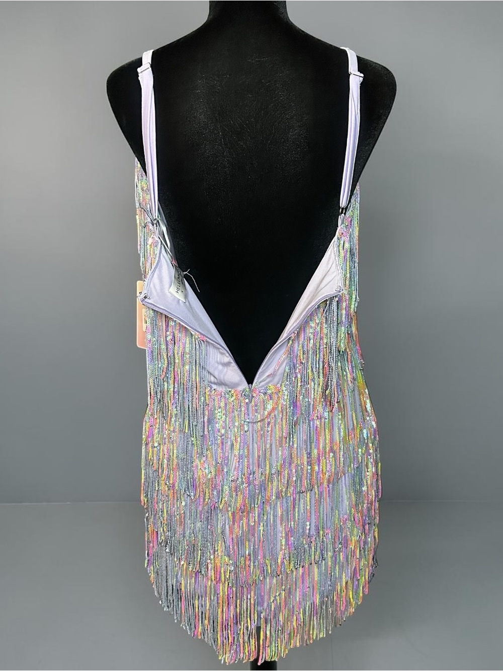 Hello Molly She’s A Showgirl Sequin Fringe Mini Dress Rainbow Pastel L NWT - Picture 4 of 12